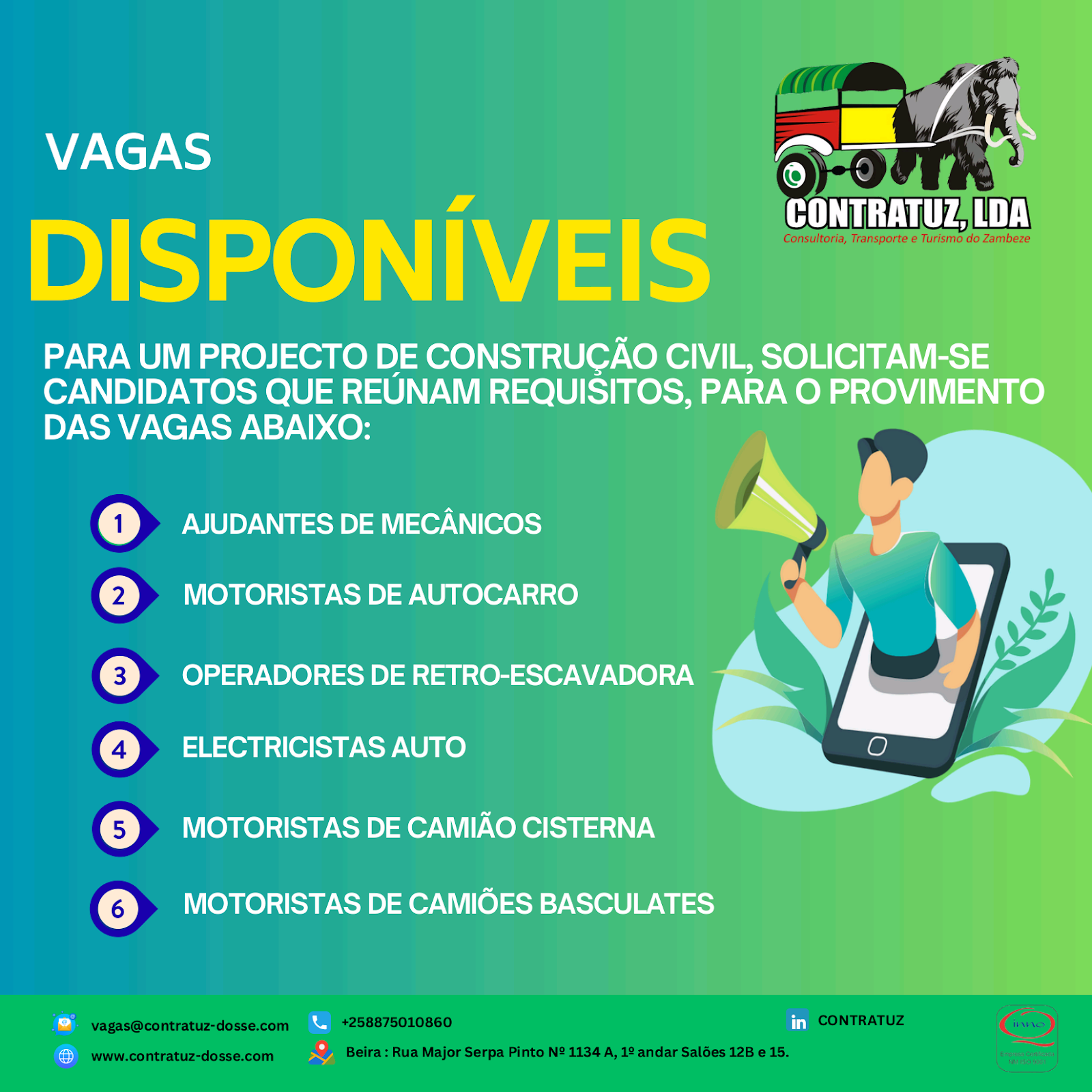 A CONTRATUZ Lda esta em busca de diversos profissionais para um Projecto de Construção