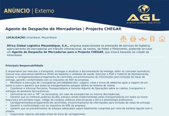 Descrição Exclusivamente este mês,a Placard esta a oferecer 100.000 MT a 200 novos jogadores! Regista-te através do link e Ganha! É responsável por executar o transporte, entregas e atualizar a documentação de entrega, obter ou conceder assinatura manual e/ou assinatura eletrônica (POD) do depósito e unidades de saúde, executar o POD e material de Rastreamento, realizar o carregamento/descarregamento de caminhão, encaminhamento de informações para emissão de notas de entrega, garantir conformidade com os requisitos de HST da empresa. Monitorar a execução de cronogramas pré-estabelecidos, viagens, rotas e envio de relatórios após a viagem de um ponto a outro e garantir que todas as transportadoras estejam dentro do sistema de coleta; Coordenar e informar Parceiros, Transportadoras e Gerente Adjunto de Operações sobre as coletas, transportes e entregas de produtos farmacêuticos; Comunicar-se com a “HF” se necessário, em caso de emergências ou mesmo discrepâncias; Garantir que as melhores práticas da AGL estejam sendo implementadas pelas transportadoras em todos os níveis: Segurança em primeiro lugar, código de conduta, práticas anticorrupção e ética e deontologia profissional; Carregamento/descarregamento de caminhões, encaminhamento de informações para emissão de notas de entrega; Garantir a conformidade com os requisitos de HSE da empresa; Garantir que os procedimentos de estoque adequados sejam totalmente cumpridos por meio de estreita ligação com o projeto; Inspecionar viaturas alocadas antes do início de carregamento; Garantir que o motorista contém documentação necessária para transporte de medicamentos e vacinas; Conferir medicamentos e vacinas que serão transportados; Supervisionar o manuseamento de carga no processo de carregamento e entrega; Utilizar o Intouch Carlo (sistema de gestão de transporte) para : validação dos veículos, inserção de informação relativa a quantidades e volumes por tipo de produto transportado, registar as horas a que cada passo acontece e outros; Problemas relacionados com o transporte; Acompanhar a execução de horários, viagens, rotas pré-estabelecidas e envio de relatórios após a viagem de um ponto a outro; Assegurar que as entregas dos farmacos sejam efectuadas dentro dos prazos estabelecidos e quantidades certas; Garantir que os procedimentos de estoque adequados sejam totalmente cumpridos por meio de uma estreita ligação com o projeto; Fazer chegar a carga no destino final solicitado; Profile Diploma mínimo de Ensino Médio (« Décima Segunda ») ou qualificação profissional equivalente; Experiência mínima de 2 anos em logística ou transporte; Proficiência em software MS – Word, Excel, PowerPoint, internet Ter habilidades de comunicação eficazes e excelentes. Capacidade de trabalhar sob pressão e reagir rapidamente às solicitações da empresa. Ser inovador, persistente, agradável e cordial. Deve ser capaz de realizar multitarefas em um ambiente de trabalho. Forte atenção aos detalhes e boas habilidades organizacionais. Deve ser capaz de trabalhar em horários flexíveis (incluindo fins de semana) e estar disponível para situações de emergência. Os candidatos interessados devem submeter as candidaturas através do seguinte link: https://acareerbyagl.talent-soft.com/offre-de-emploi/emploi-agente-de-despacho-de-mercadorias-inhambane-m-f_8845.aspx