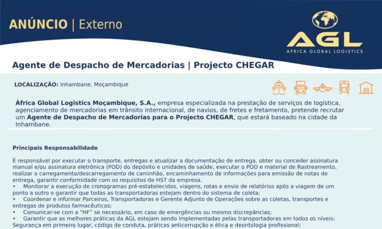 Descrição Exclusivamente este mês,a Placard esta a oferecer 100.000 MT a 200 novos jogadores! Regista-te através do link e Ganha! É responsável por executar o transporte, entregas e atualizar a documentação de entrega, obter ou conceder assinatura manual e/ou assinatura eletrônica (POD) do depósito e unidades de saúde, executar o POD e material de Rastreamento, realizar o carregamento/descarregamento de caminhão, encaminhamento de informações para emissão de notas de entrega, garantir conformidade com os requisitos de HST da empresa. Monitorar a execução de cronogramas pré-estabelecidos, viagens, rotas e envio de relatórios após a viagem de um ponto a outro e garantir que todas as transportadoras estejam dentro do sistema de coleta; Coordenar e informar Parceiros, Transportadoras e Gerente Adjunto de Operações sobre as coletas, transportes e entregas de produtos farmacêuticos; Comunicar-se com a “HF” se necessário, em caso de emergências ou mesmo discrepâncias; Garantir que as melhores práticas da AGL estejam sendo implementadas pelas transportadoras em todos os níveis: Segurança em primeiro lugar, código de conduta, práticas anticorrupção e ética e deontologia profissional; Carregamento/descarregamento de caminhões, encaminhamento de informações para emissão de notas de entrega; Garantir a conformidade com os requisitos de HSE da empresa; Garantir que os procedimentos de estoque adequados sejam totalmente cumpridos por meio de estreita ligação com o projeto; Inspecionar viaturas alocadas antes do início de carregamento; Garantir que o motorista contém documentação necessária para transporte de medicamentos e vacinas; Conferir medicamentos e vacinas que serão transportados; Supervisionar o manuseamento de carga no processo de carregamento e entrega; Utilizar o Intouch Carlo (sistema de gestão de transporte) para : validação dos veículos, inserção de informação relativa a quantidades e volumes por tipo de produto transportado, registar as horas a que cada passo acontece e outros; Problemas relacionados com o transporte; Acompanhar a execução de horários, viagens, rotas pré-estabelecidas e envio de relatórios após a viagem de um ponto a outro; Assegurar que as entregas dos farmacos sejam efectuadas dentro dos prazos estabelecidos e quantidades certas; Garantir que os procedimentos de estoque adequados sejam totalmente cumpridos por meio de uma estreita ligação com o projeto; Fazer chegar a carga no destino final solicitado; Profile Diploma mínimo de Ensino Médio (« Décima Segunda ») ou qualificação profissional equivalente; Experiência mínima de 2 anos em logística ou transporte; Proficiência em software MS – Word, Excel, PowerPoint, internet Ter habilidades de comunicação eficazes e excelentes. Capacidade de trabalhar sob pressão e reagir rapidamente às solicitações da empresa. Ser inovador, persistente, agradável e cordial. Deve ser capaz de realizar multitarefas em um ambiente de trabalho. Forte atenção aos detalhes e boas habilidades organizacionais. Deve ser capaz de trabalhar em horários flexíveis (incluindo fins de semana) e estar disponível para situações de emergência. Os candidatos interessados devem submeter as candidaturas através do seguinte link: https://acareerbyagl.talent-soft.com/offre-de-emploi/emploi-agente-de-despacho-de-mercadorias-inhambane-m-f_8845.aspx