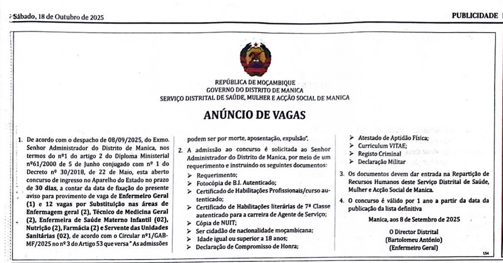 SERVIÇO DISTRITAL DE SAÚDE, MULHER E ACÇÃO SOCIAL DE MANICA ABRE 12 VAGAS DE EMPREGO